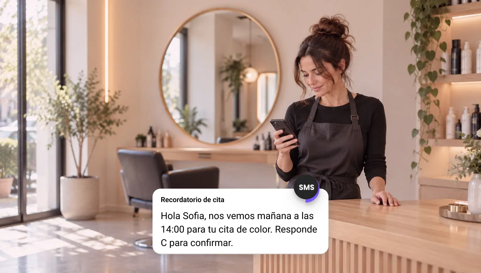 Propietaria de un salón leyendo un recordatorio de cita por SMS en su teléfono
