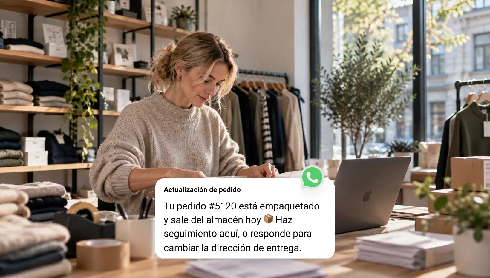Compradora online abriendo un mensaje de campaña de WhatsApp en su teléfono