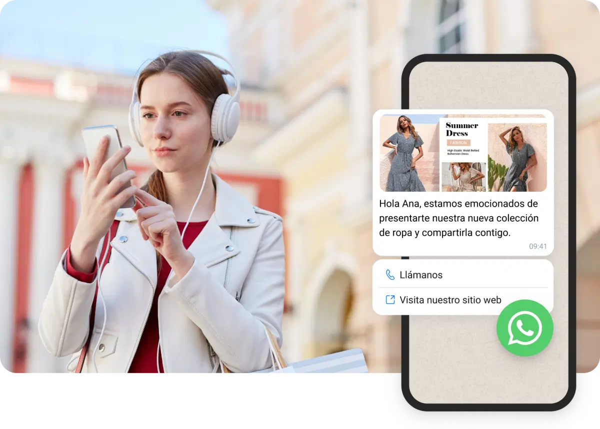 Chica con auriculares blancos leyendo mensajes de WhatsApp recibidos del comercio electrónico