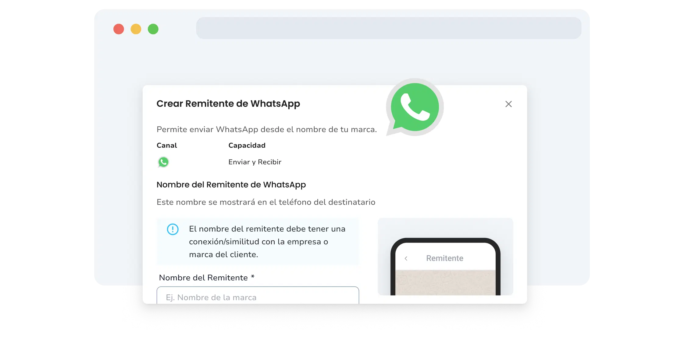 Captura de pantalla de la página de envío de remitentes de WhatsApp de TopMessage