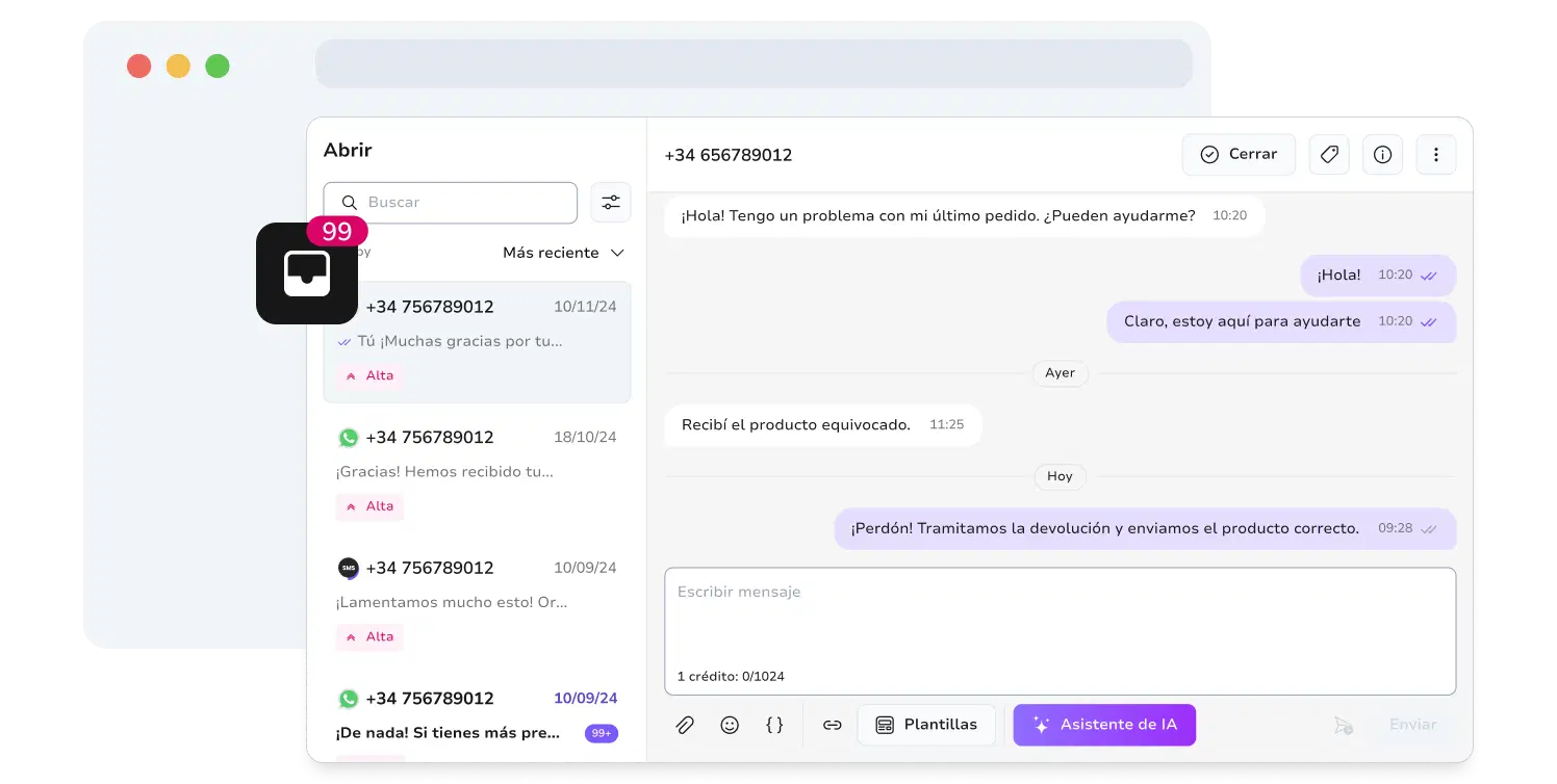 Captura de pantalla de la página de la bandeja de entrada de mensajería unificada de TopMessage