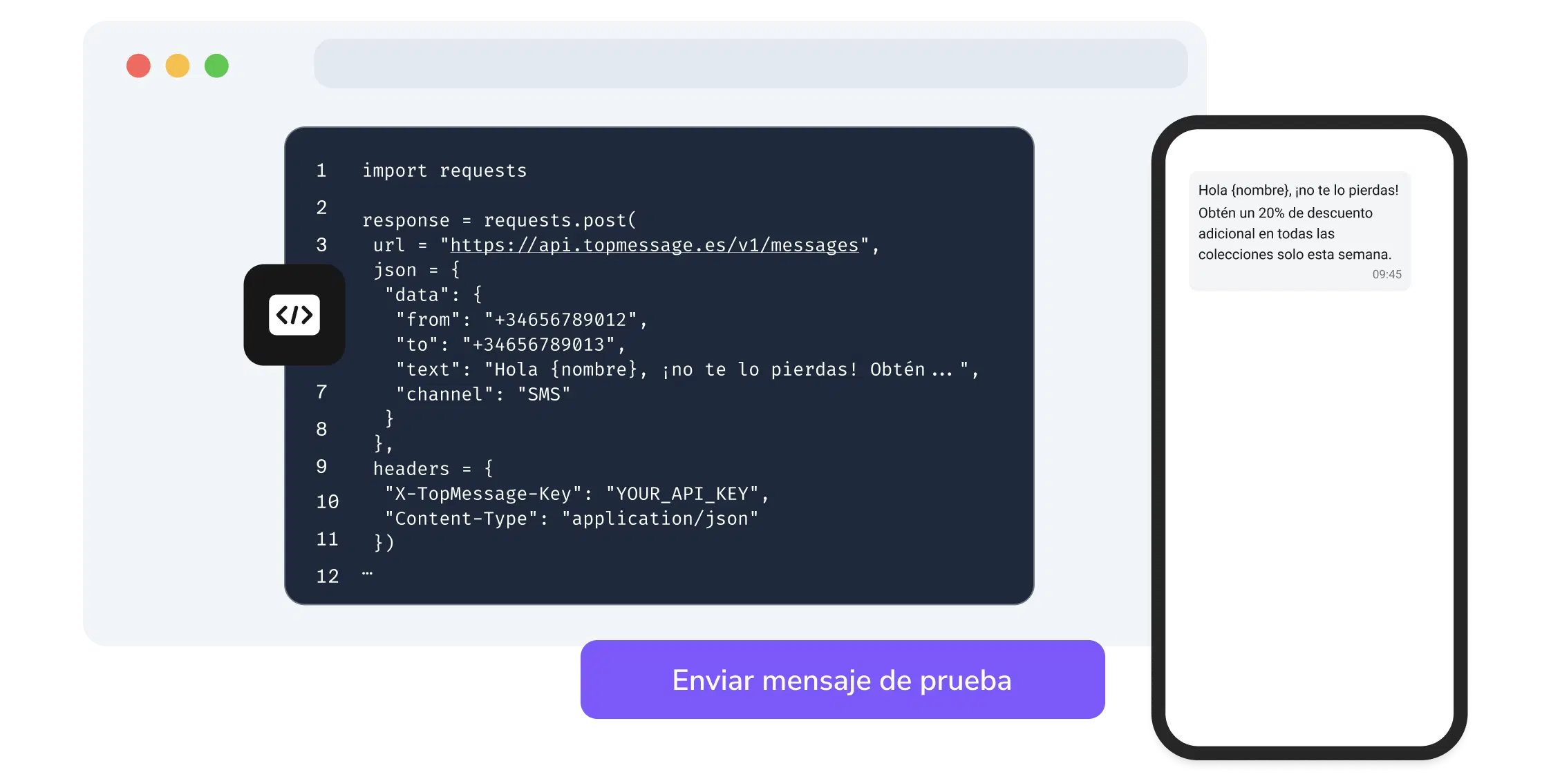 Captura de pantalla de la página API de TopMessage que muestra los campos de configuración de Webhook