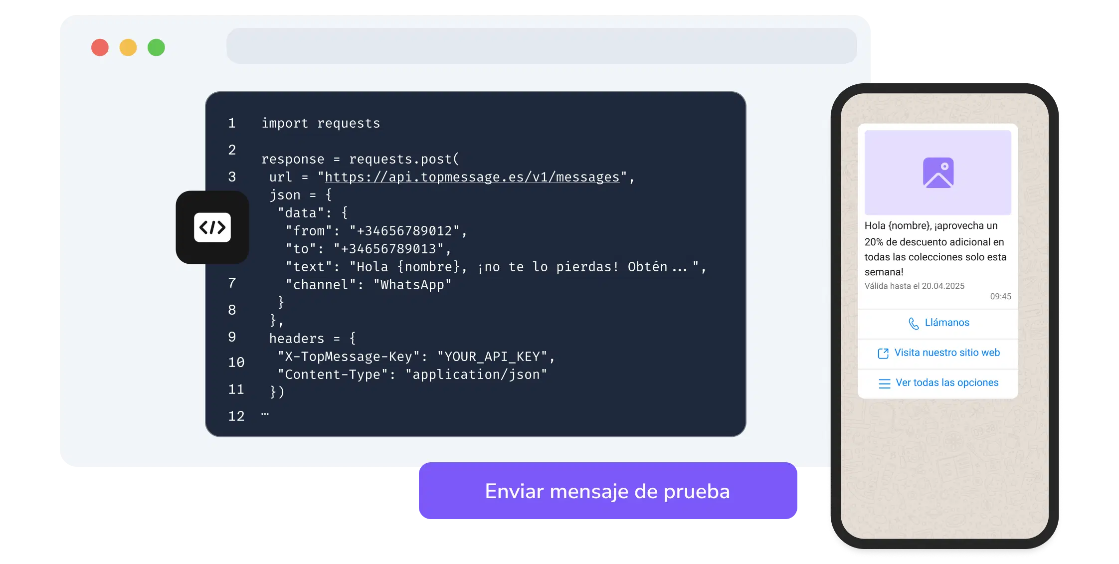 Captura de pantalla de la página API de TopMessage que muestra la función de prueba de código de WhatsApp