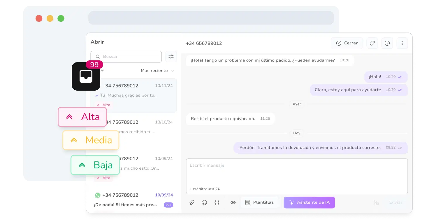 Captura de pantalla de la bandeja de entrada de mensajería unificada de TopMessage con prioridades de conversación