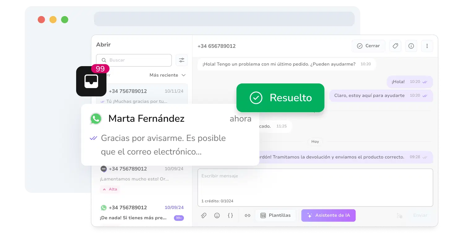 Captura de pantalla de la bandeja de entrada de mensajería unificada de TopMessage con conversaciones resueltas de WhatsApp