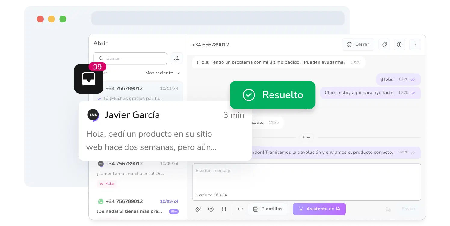 Captura de pantalla de la bandeja de entrada de mensajería unificada de TopMessage con conversaciones SMS resueltas