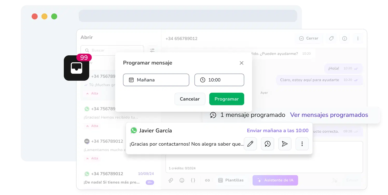 Captura de pantalla de la página de la bandeja de entrada de WhatsApp de TopMessage con función de programación