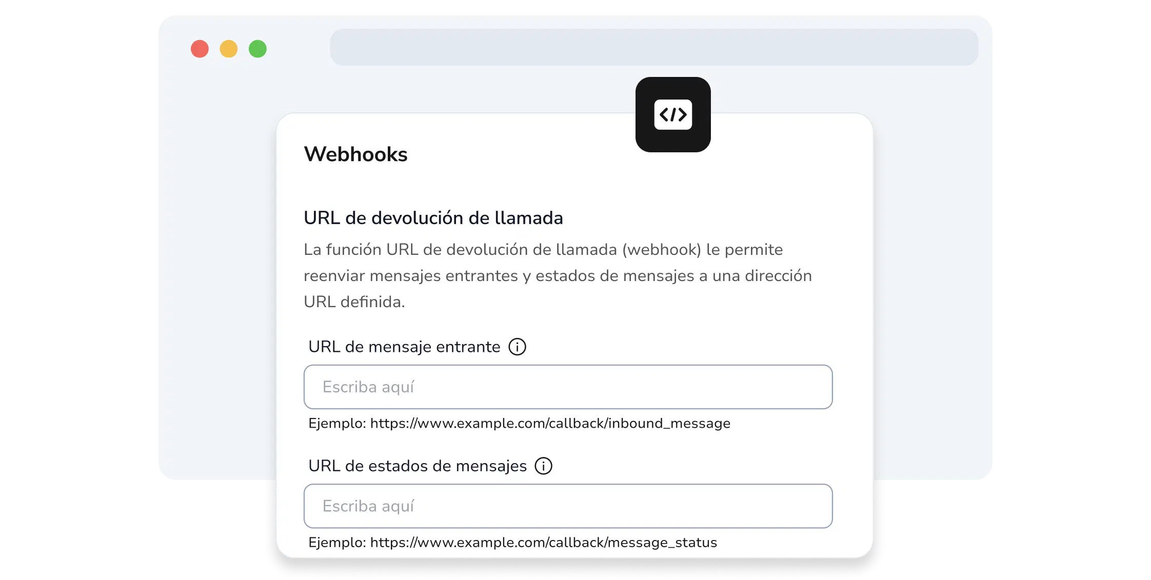 Captura de pantalla de la página API de TopMessage que muestra los campos de configuración de webhooks
