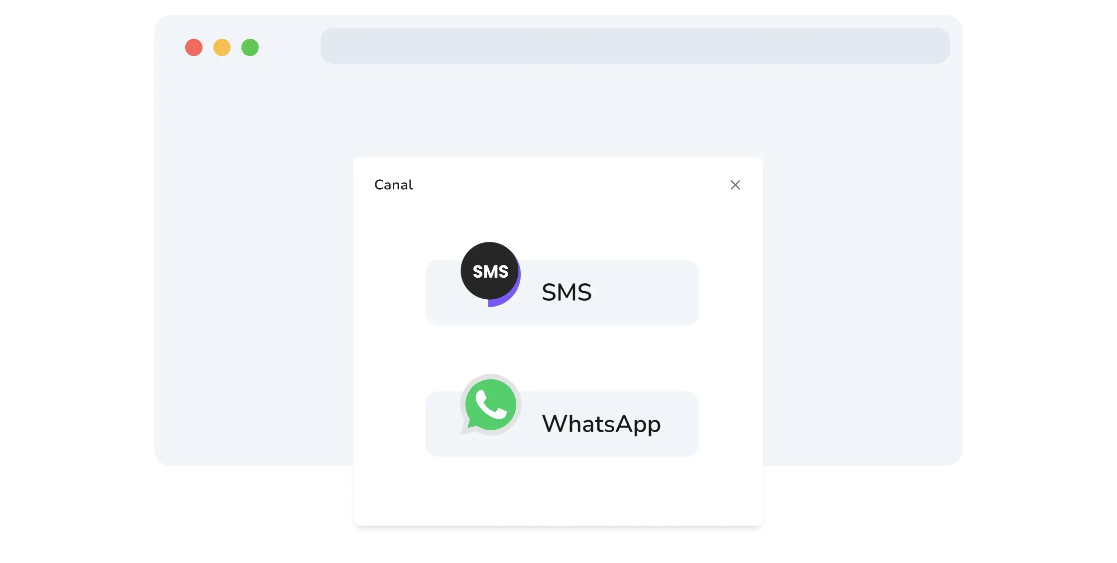 Captura de pantalla de la página de selección de canales de WhatsApp y SMS de TopMessage
