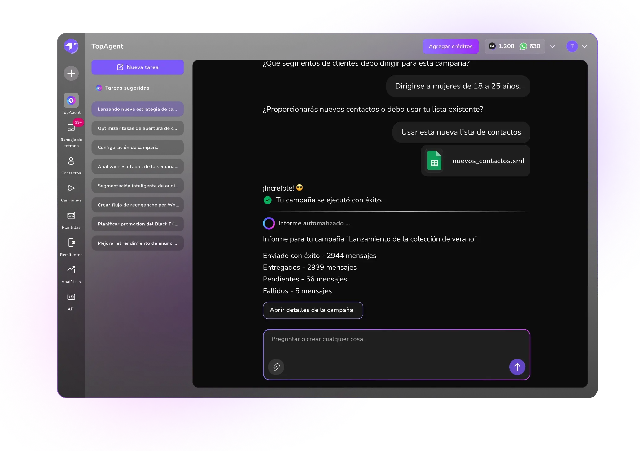 Captura de pantalla del panel de IA de TopMessage que muestra la creación automatizada de campañas, informes proactivos y la IA manejando las tareas del cliente sin intervención manual.