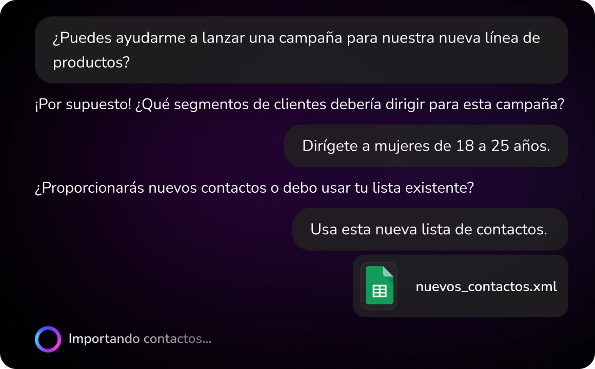 Captura de pantalla de la interfaz de TopAgent de TopMessage solicitando al usuario que proporcione información para crear campañas automáticamente, incluyendo campos para objetivos de la campaña, audiencia y preferencias de mensaje