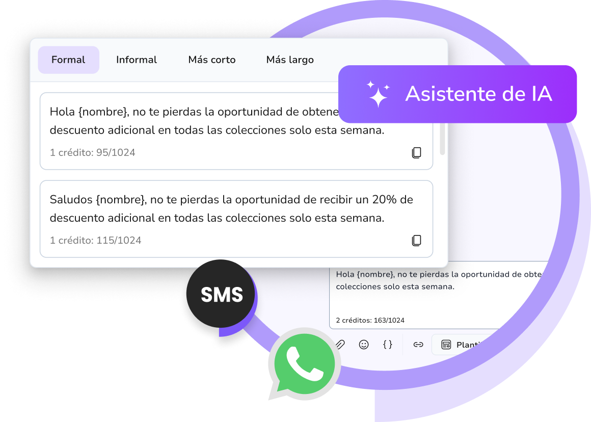 Captura de pantalla del Asistente de IA de TopMessage generando sugerencias de respuestas inteligentes y optimizando la mensajería de los clientes en SMS y WhatsApp en la bandeja de entrada unificada.