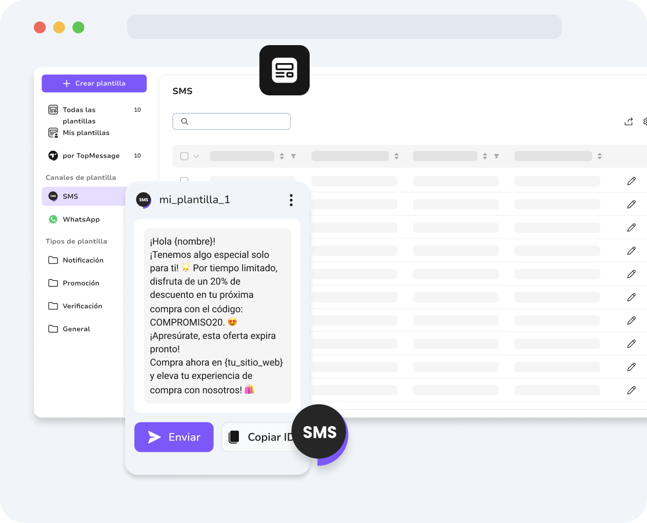 Pantalla del teléfono que muestra la IA de TopMessage generando sugerencias de respuesta inteligentes para un mensaje SMS entrante de un cliente, con un solo toque para enviar.