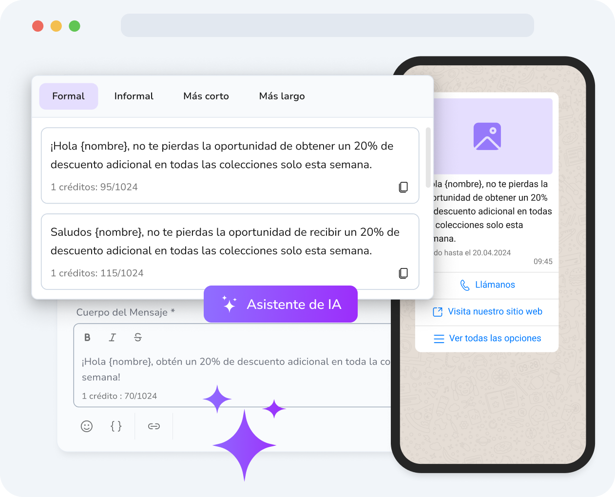 Pantalla del teléfono que muestra a la IA de TopMessage generando sugerencias de respuestas inteligentes para los mensajes entrantes de los clientes en WhatsApp, con un solo toque para enviar.