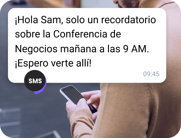 Recordatorio SMS enviado al contacto sobre los detalles de la próxima conferencia.