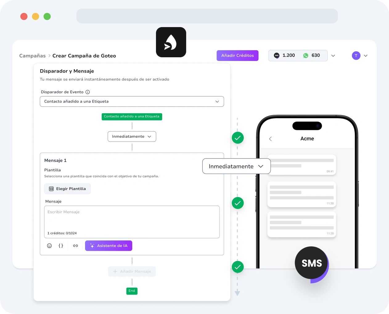Captura de pantalla de la interfaz de las campañas de SMS automatizadas de TopMessage.
