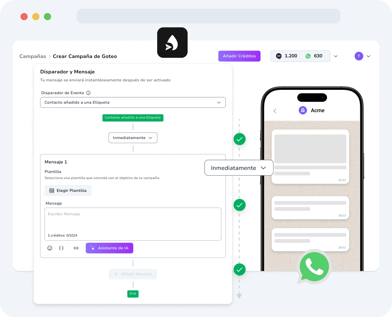 Captura de pantalla de la interfaz de campañas de goteo de TopMessage para WhatsApp.