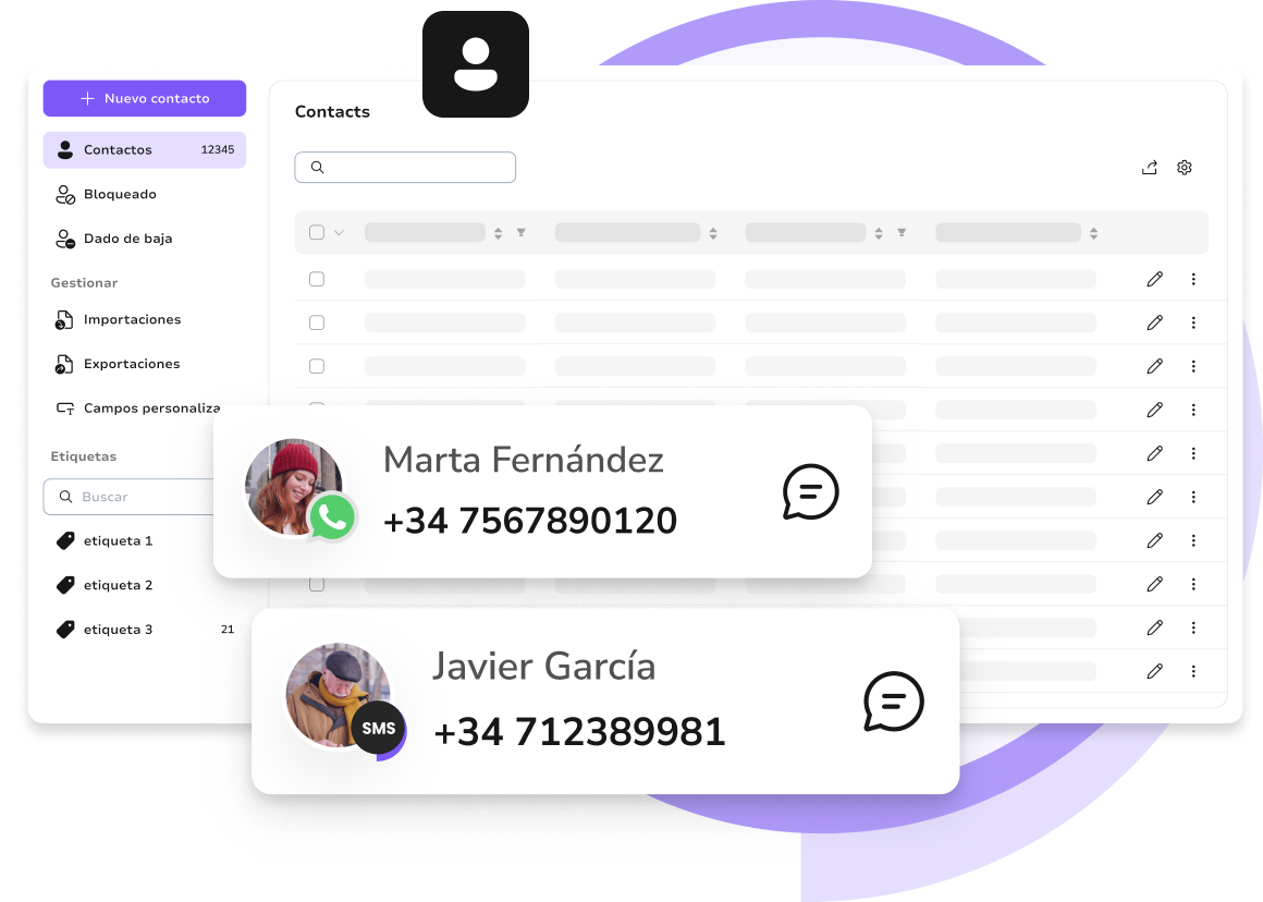 Interfaz de gestión de contactos de TopMessage para añadir, segmentar y exportar contactos para campañas de SMS y WhatsApp.
