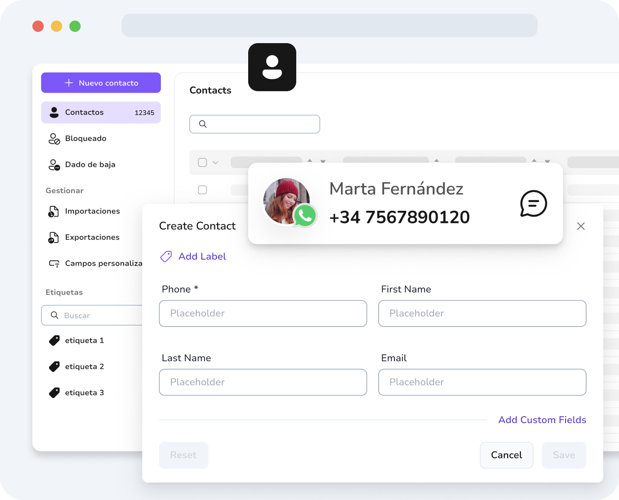 Gestión de contactos de TopMessage con campos personalizados para personalizar los mensajes de WhatsApp