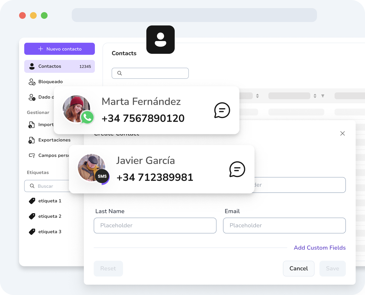 Gestión de contactos de TopMessage con campos personalizados para personalizar los mensajes de SMS y WhatsApp.