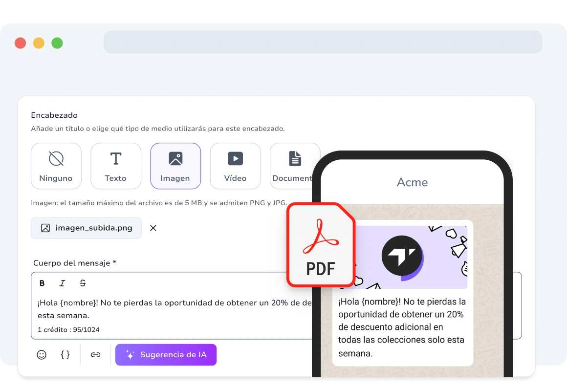 Usuario recibiendo una imagen, video, audio y PDF a través de un mensaje de texto, mostrando contenido multimedia enriquecido para una mayor interacción.