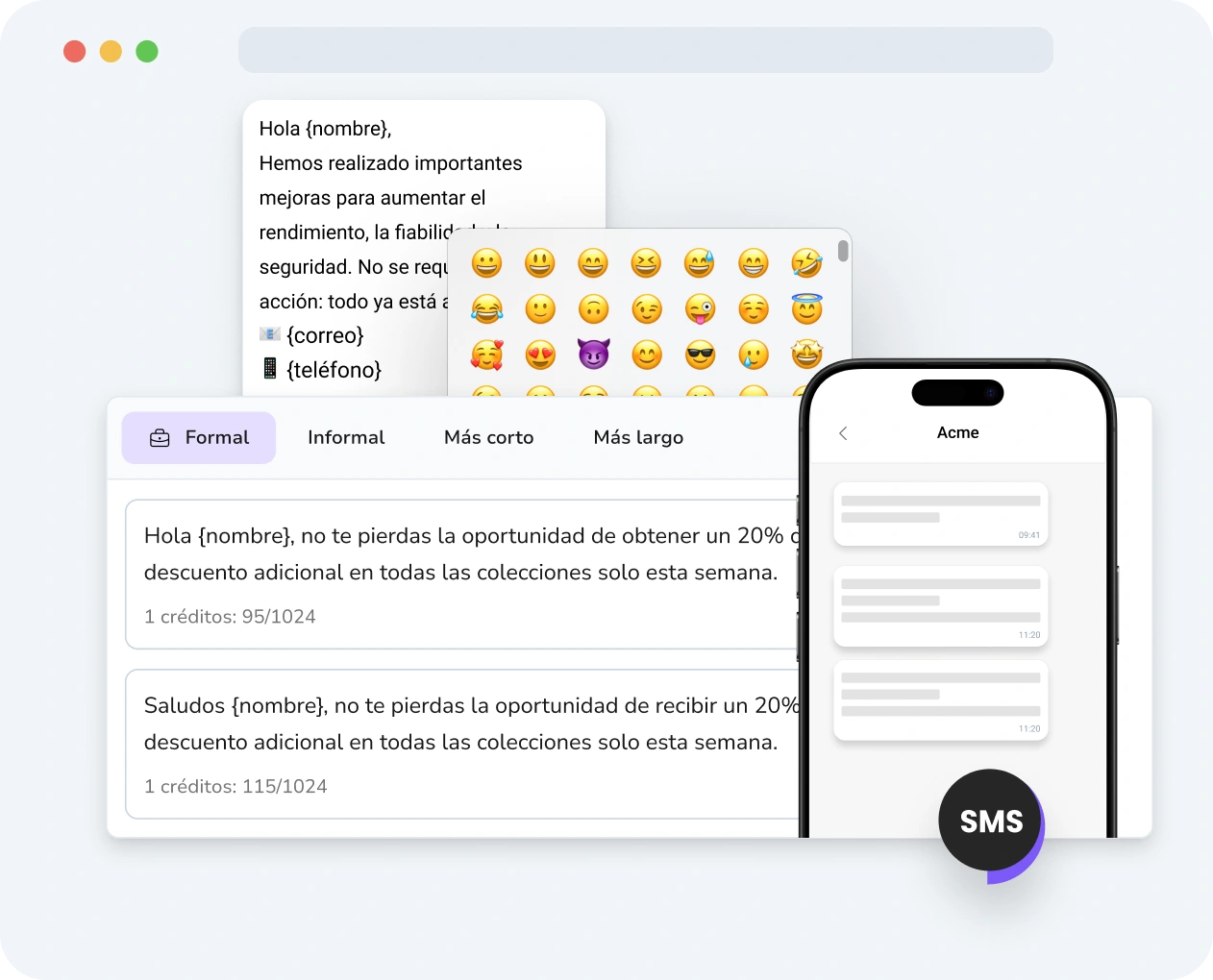 Captura de pantalla de la interfaz de TopMessage que muestra la herramienta de SMS enriquecidos con opciones de personalización y métricas de rendimiento.