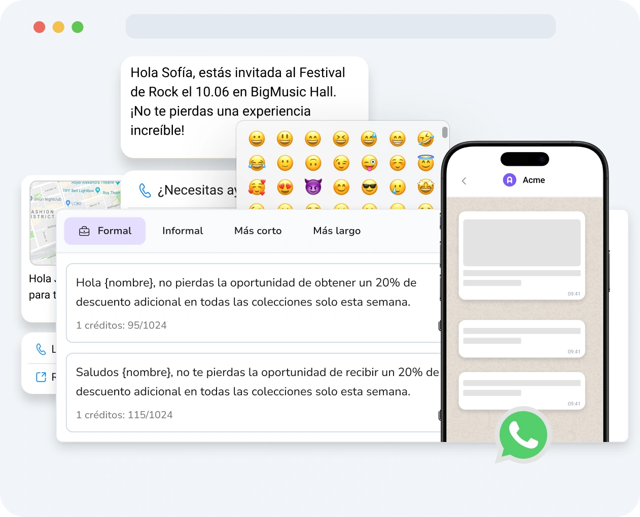 Captura de pantalla de la interfaz de TopMessage que muestra la herramienta de WhatsApp enriquecida con opciones de personalización y métricas de rendimiento.