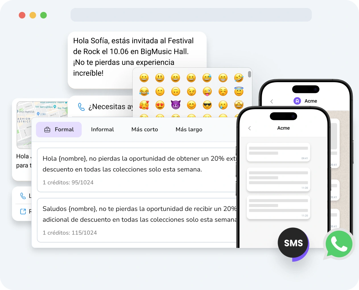 Captura de pantalla de la interfaz de TopMessage que muestra la herramienta de mensajería enriquecida con contenido multimedia, opciones de personalización y métricas de rendimiento.