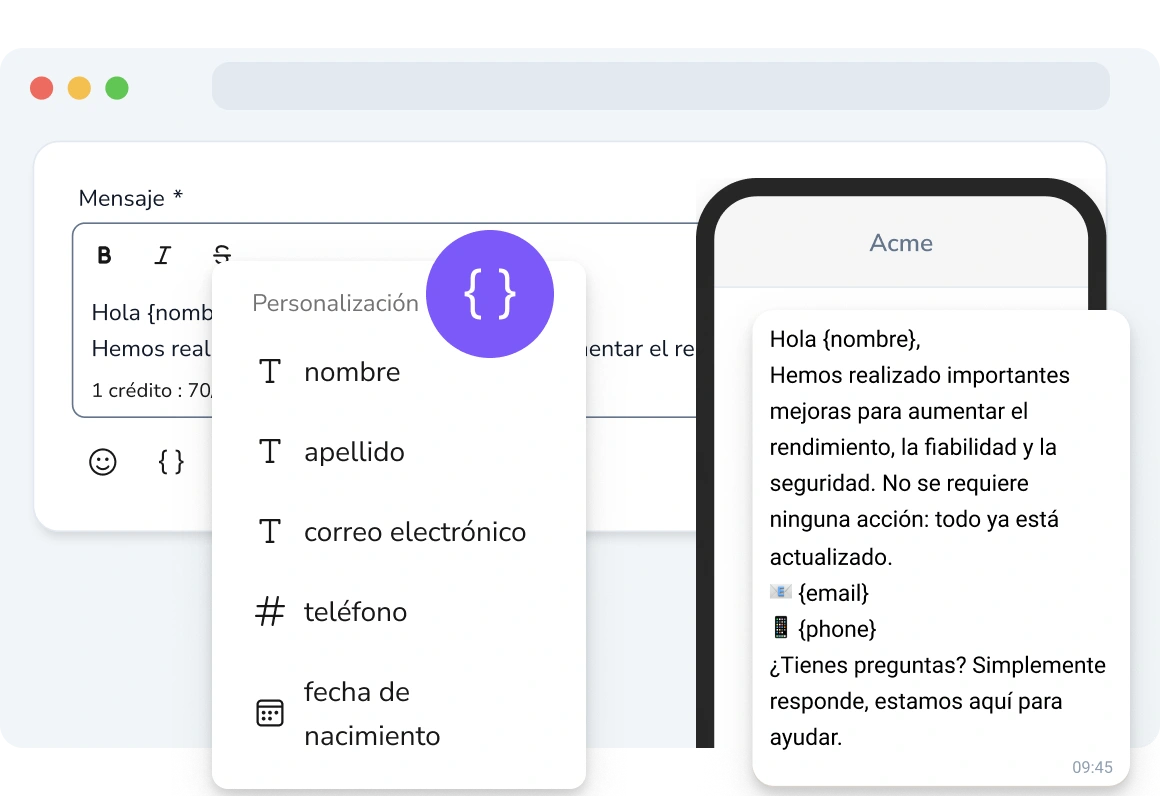 Destinatario viendo un mensaje SMS personalizado.