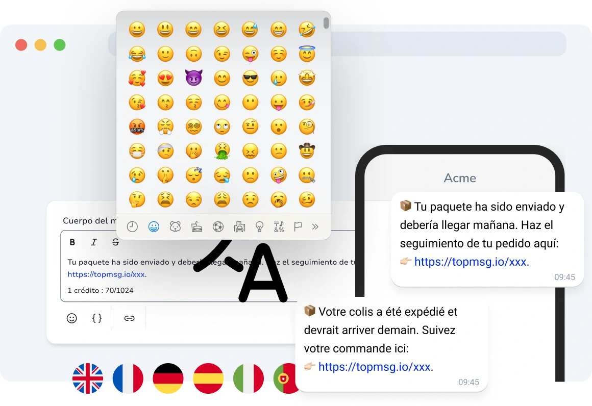 Teléfono inteligente que muestra un mensaje en varios idiomas, incluyendo árabe y chino, con emojis y caracteres especiales para una comunicación expresiva.