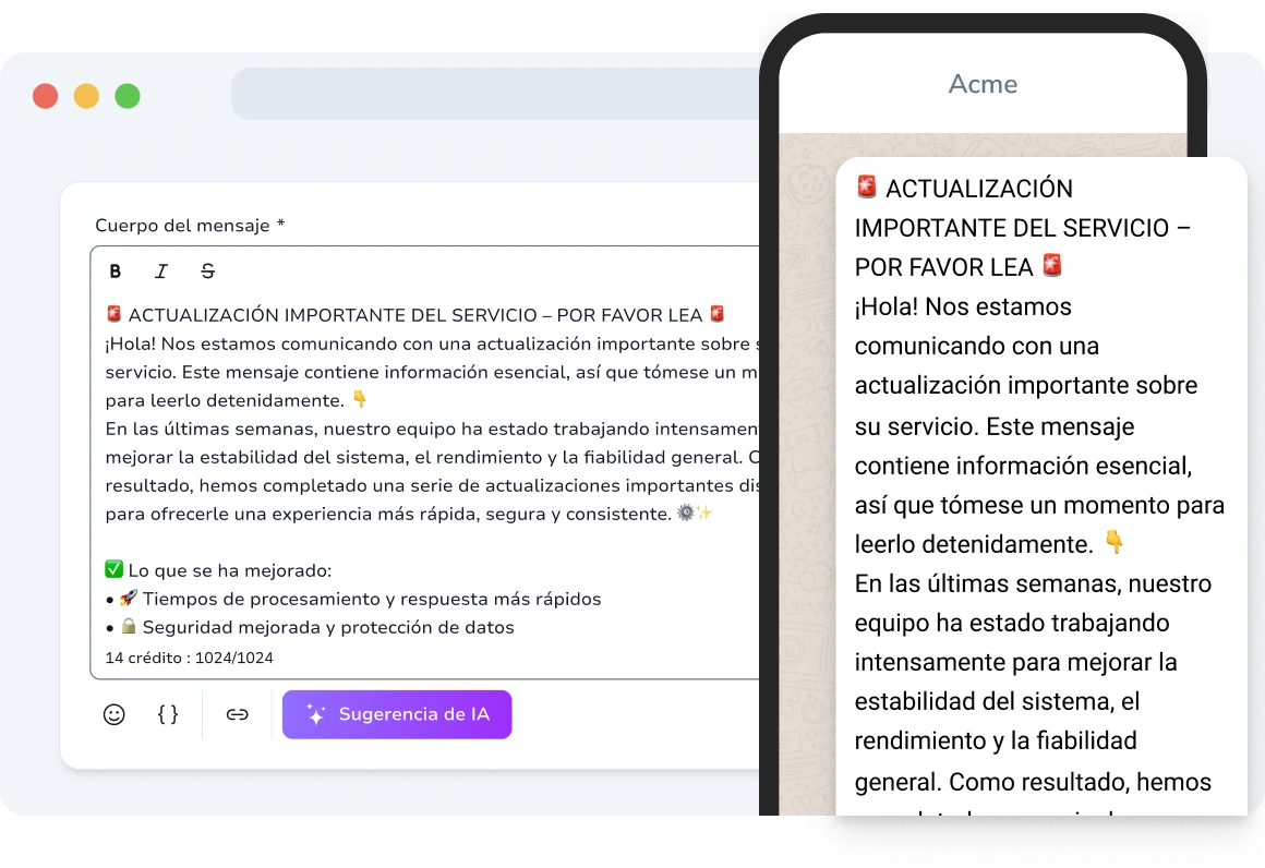 Teléfono que muestra un SMS largo de más de 1024 caracteres, entregando contenido completo en un solo mensaje enriquecido.
