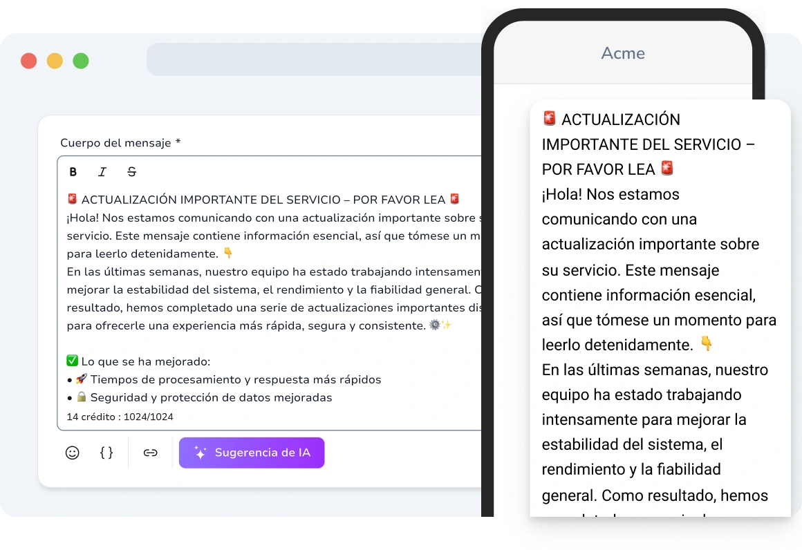 Mostrando un SMS largo de hasta 1024 caracteres, entregando información completa en un solo mensaje sin dividir el contenido.