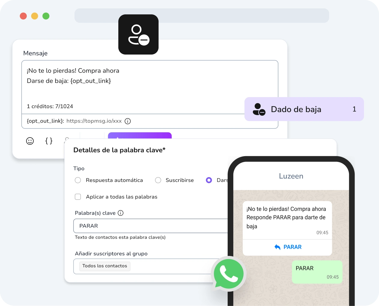 Captura de pantalla de la interfaz de campañas de goteo de WhatsApp de TopMessage con las opciones de opt-out mostradas claramente.