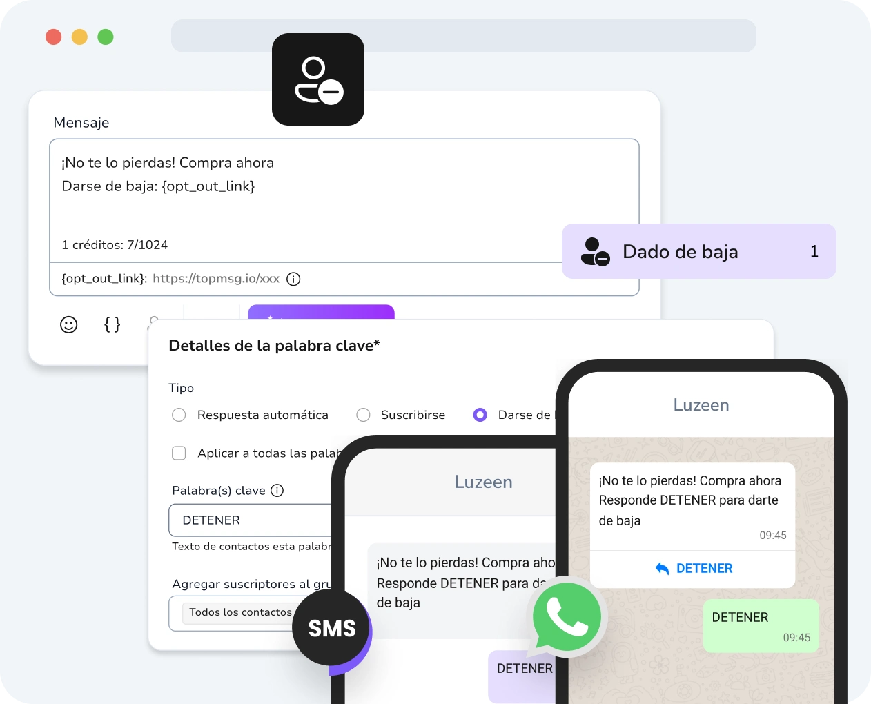 Captura de pantalla de la interfaz de campañas de goteo (drip) de TopMessage con las opciones de opt-out mostradas claramente.