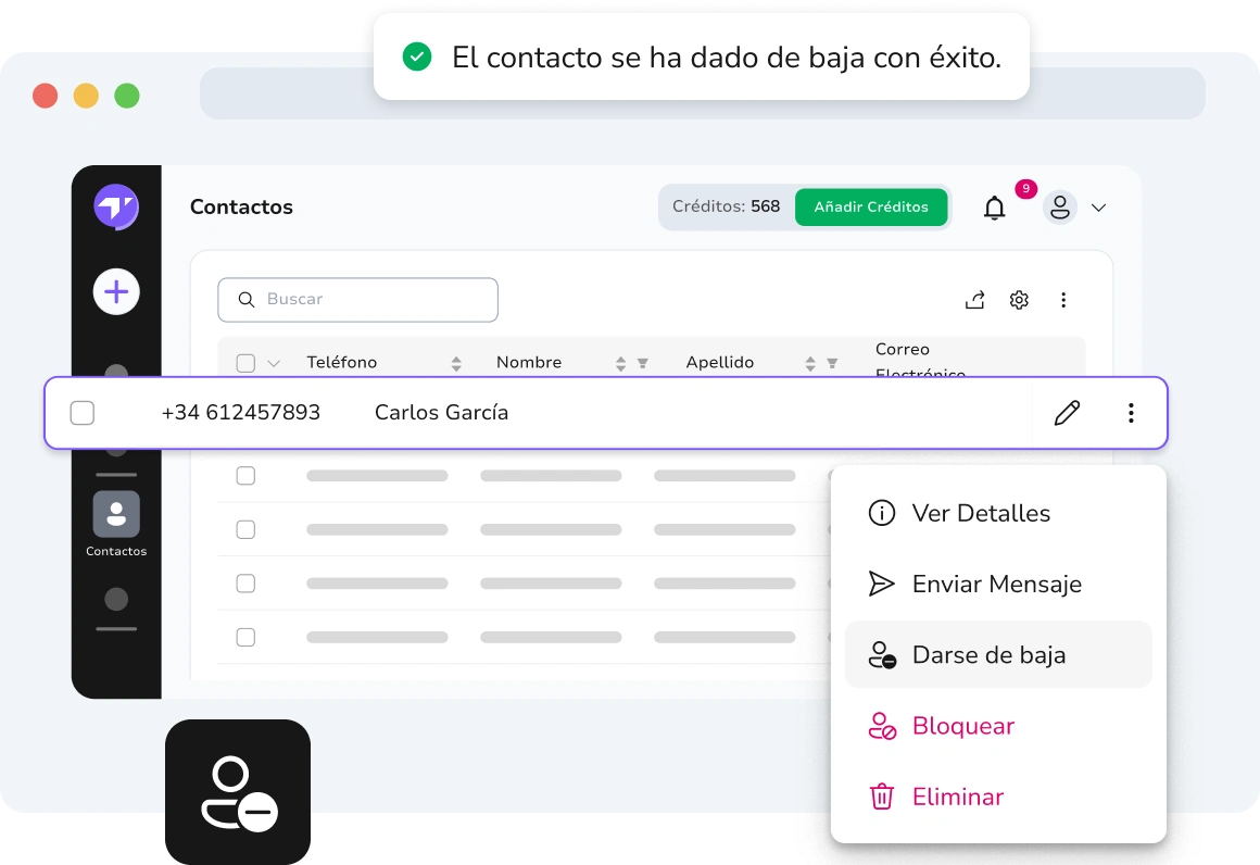 Interfaz de TopMessage que muestra una acción de baja manual realizada para un contacto.