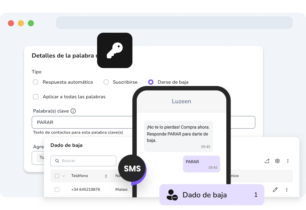 Mostrando un chat SMS donde el usuario envía "STOP" o "CANCEL" para darse de baja de futuros mensajes automáticamente.