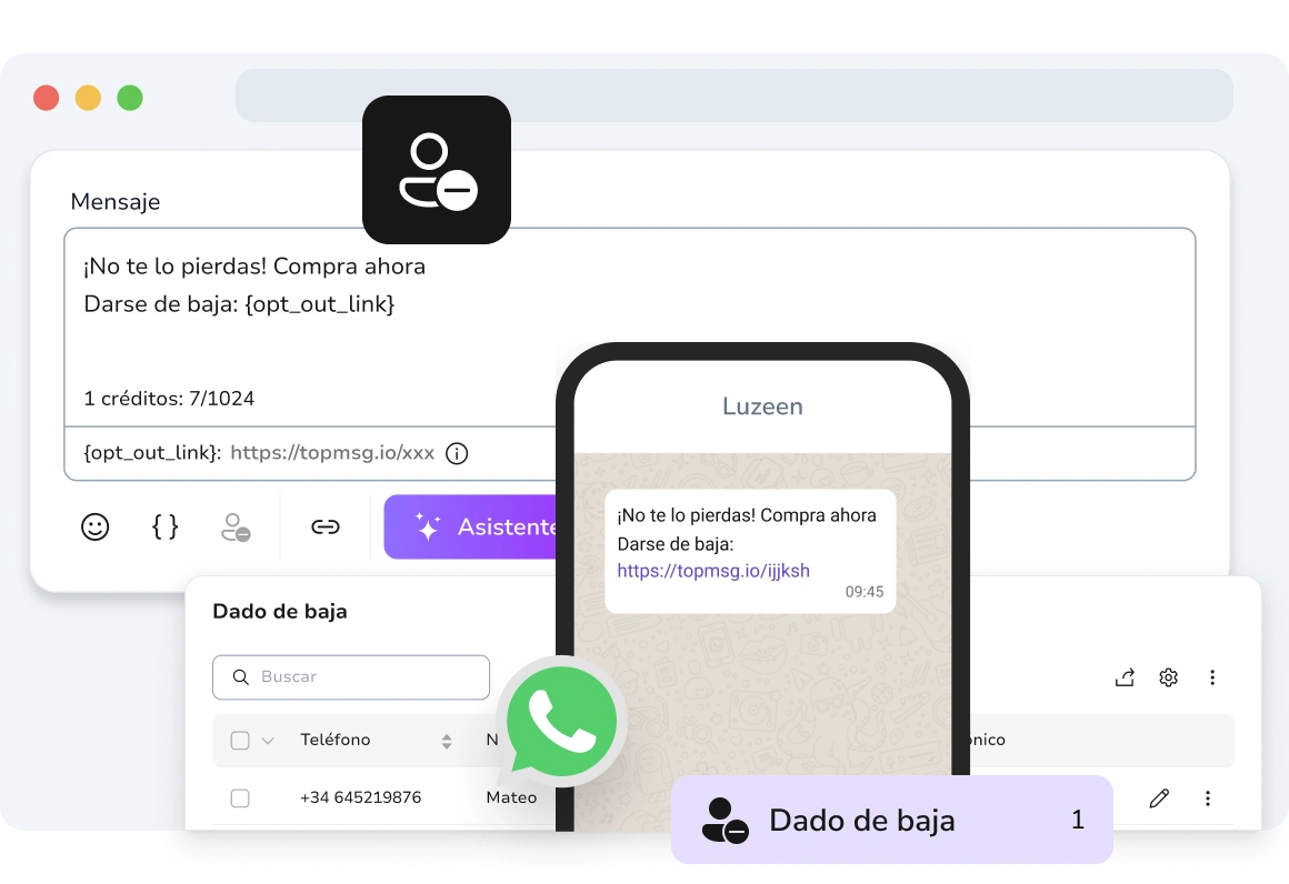Mostrando un mensaje de WhatsApp con un enlace de opt-out en el que se puede hacer clic, lo que permite al destinatario darse de baja y ser agregado a la lista de contactos dados de baja.