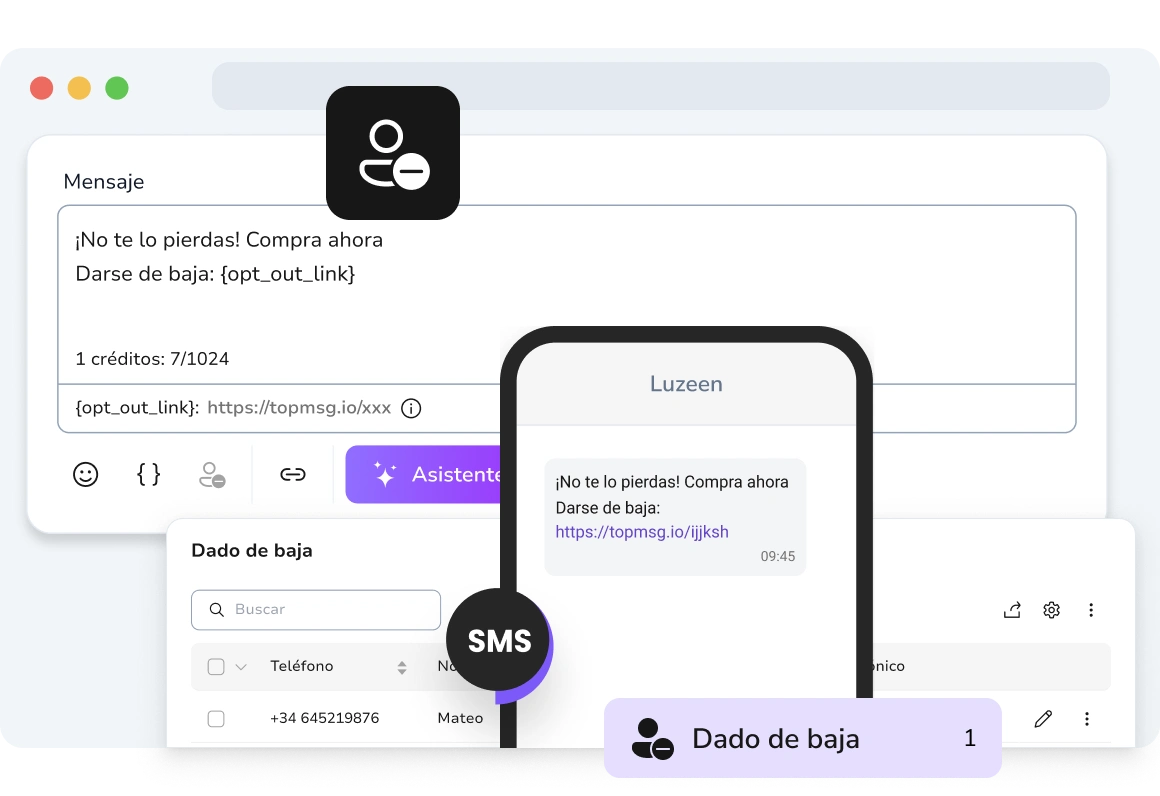 Muestra un mensaje de texto con un enlace de opt-out en el que se puede hacer clic, lo que permite al destinatario darse de baja fácilmente de las campañas.