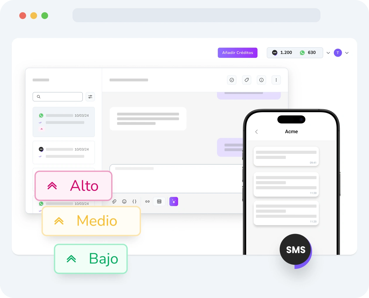 Interfaz que muestra la configuración de prioridad de mensajes SMS y las métricas de rendimiento en TopMessage.