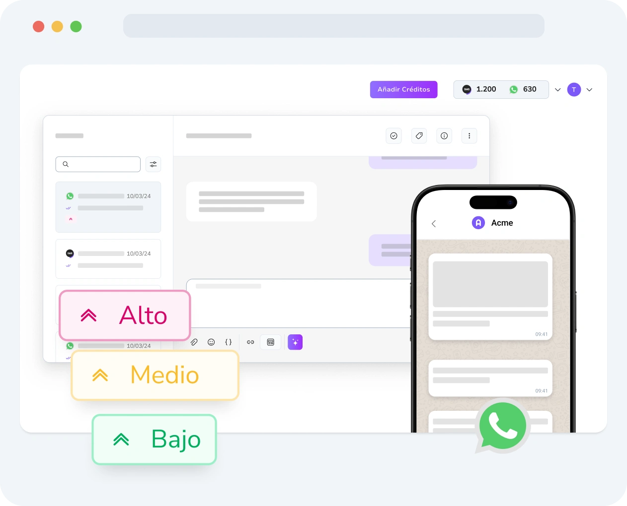 Interfaz que muestra la configuración de prioridad de mensajes de WhatsApp y las métricas de rendimiento en TopMessage.