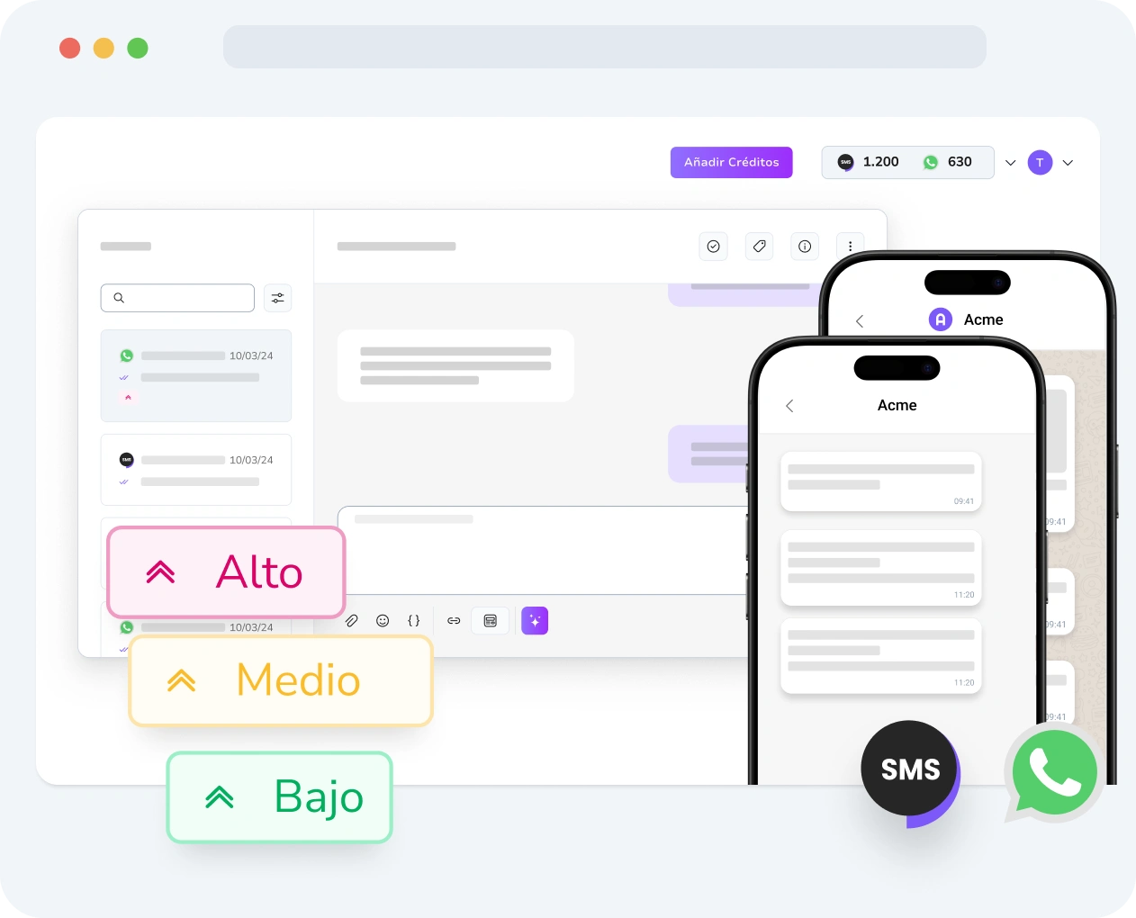 Captura de pantalla de la interfaz de TopMessage que muestra la configuración de priorización de mensajes y las métricas de rendimiento.