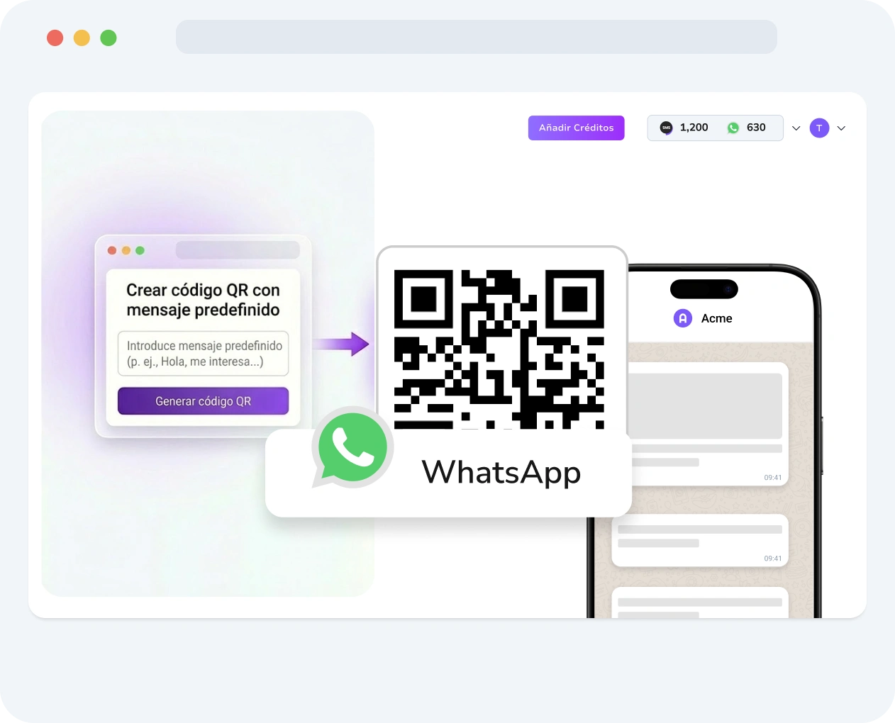 Captura de pantalla de la interfaz de TopMessage que muestra la herramienta de creación de códigos QR de WhatsApp con opciones de personalización y métricas de rendimiento