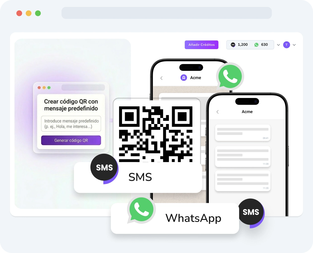 Captura de pantalla de la interfaz de TopMessage que muestra la herramienta de creación de códigos QR con opciones de personalización y métricas de rendimiento.
