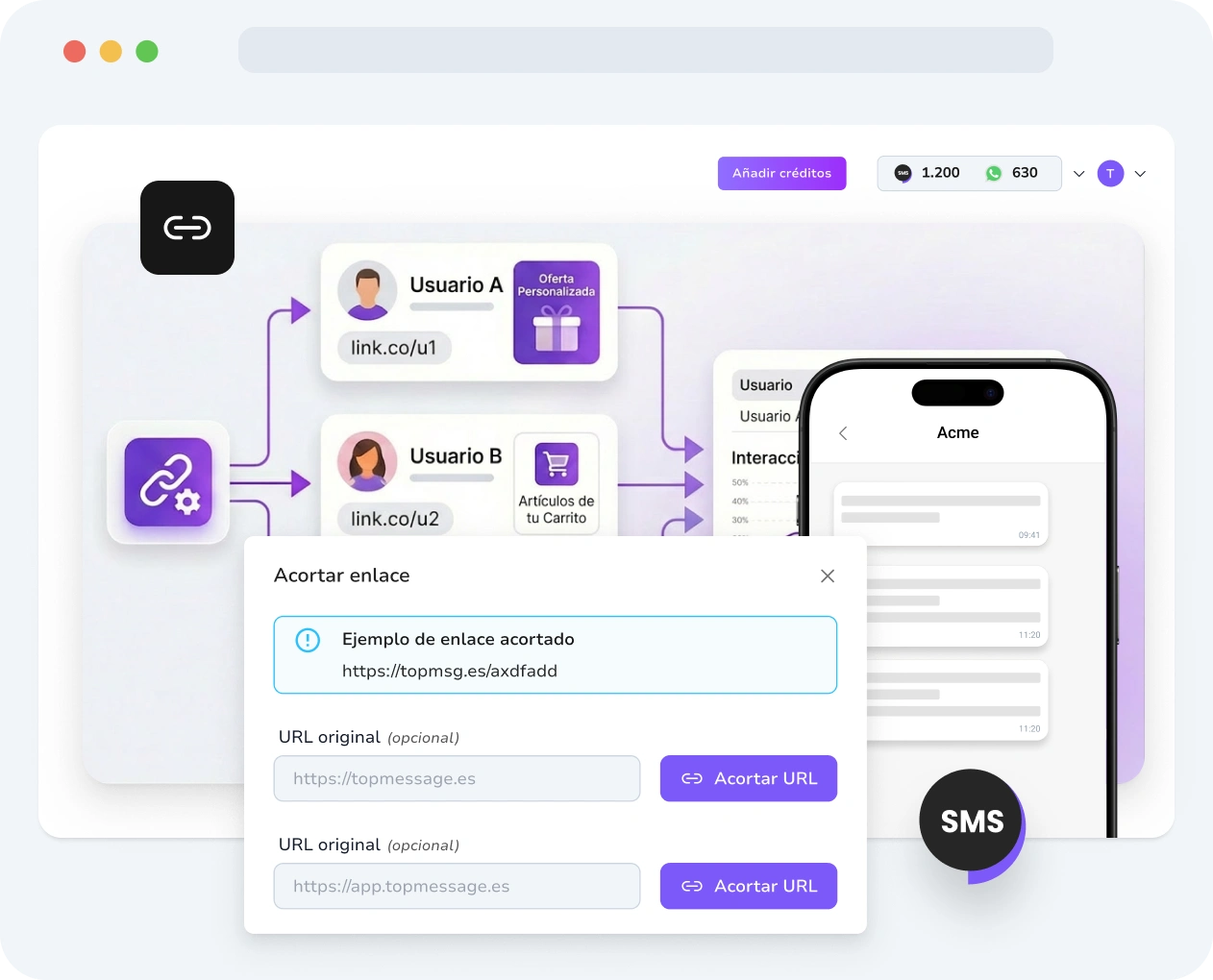 Captura de pantalla de la interfaz de TopMessage que muestra la herramienta de acortador de enlaces SMS con creación de URLs, personalización y métricas de rendimiento.