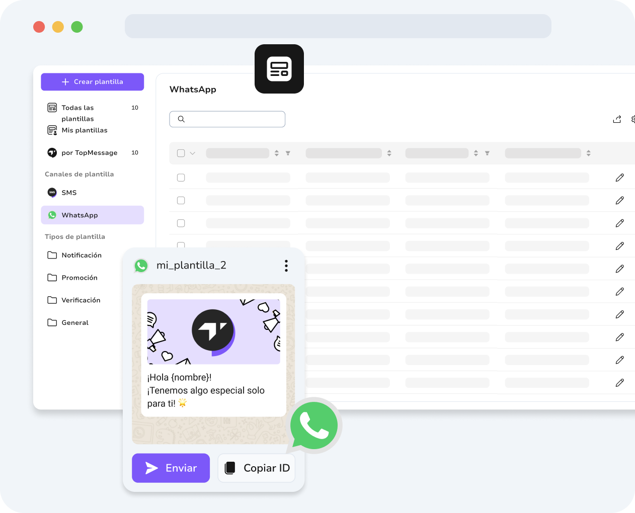 Panel de control unificado de TopMessage con plantillas de WhatsApp y SMS para una gestión de comunicaciones optimizada.