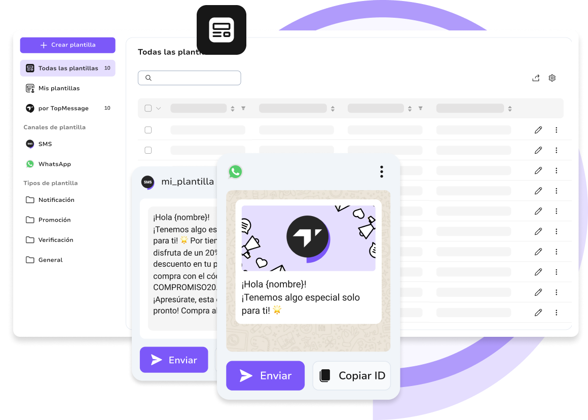 Interfaz de la plataforma TopMessage con plantillas de mensajes de WhatsApp para una comunicación automatizada y personalizada