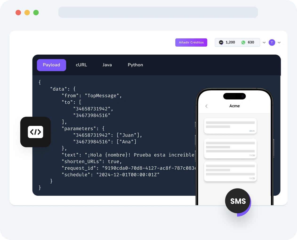 Captura de pantalla del panel de TopMessage que muestra las solicitudes de la API de Verificación de SMS, los plazos de entrega de códigos y los resultados de verificación en tiempo real.