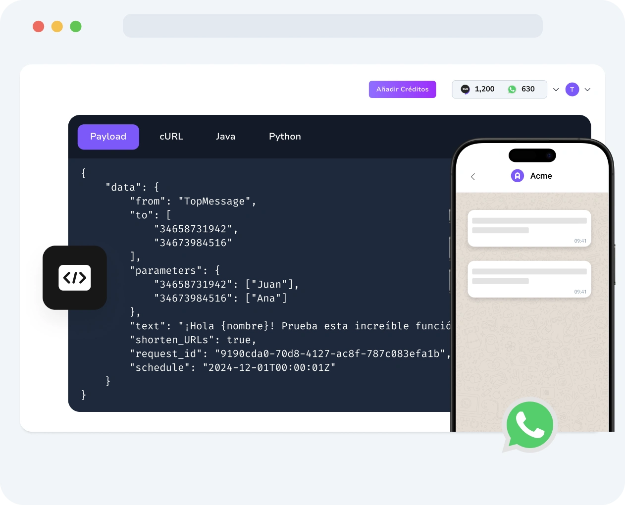 Captura de pantalla del panel de TopMessage que muestra la actividad de la API de Verificación de WhatsApp, incluyendo registros de entrega de códigos, tasas de éxito de verificación y detalles del flujo de mensajes.