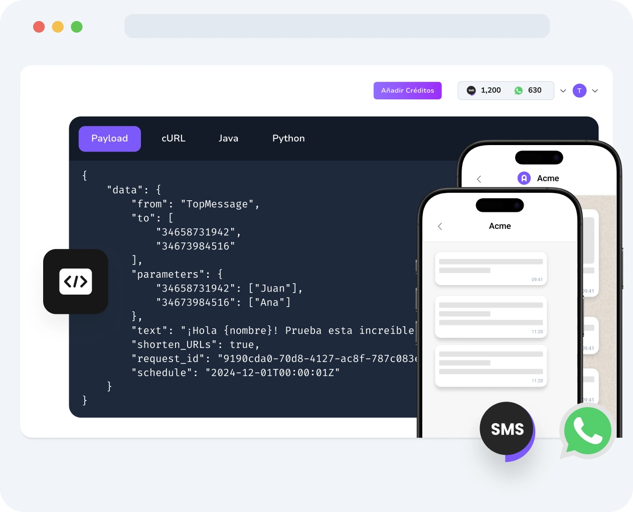 Captura de pantalla de la interfaz de TopMessage que muestra la actividad de la API de Verificación, incluyendo el estado de verificación, resultados de entrega y rendimiento de validación de códigos.