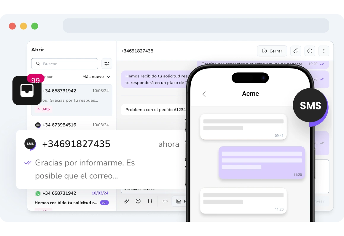 Captura de pantalla de un usuario interactuando con mensajes SMS bidireccionales usando un número virtual de TopMessage